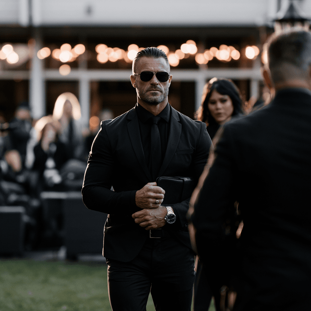 A close protection officer accompanying a private client.